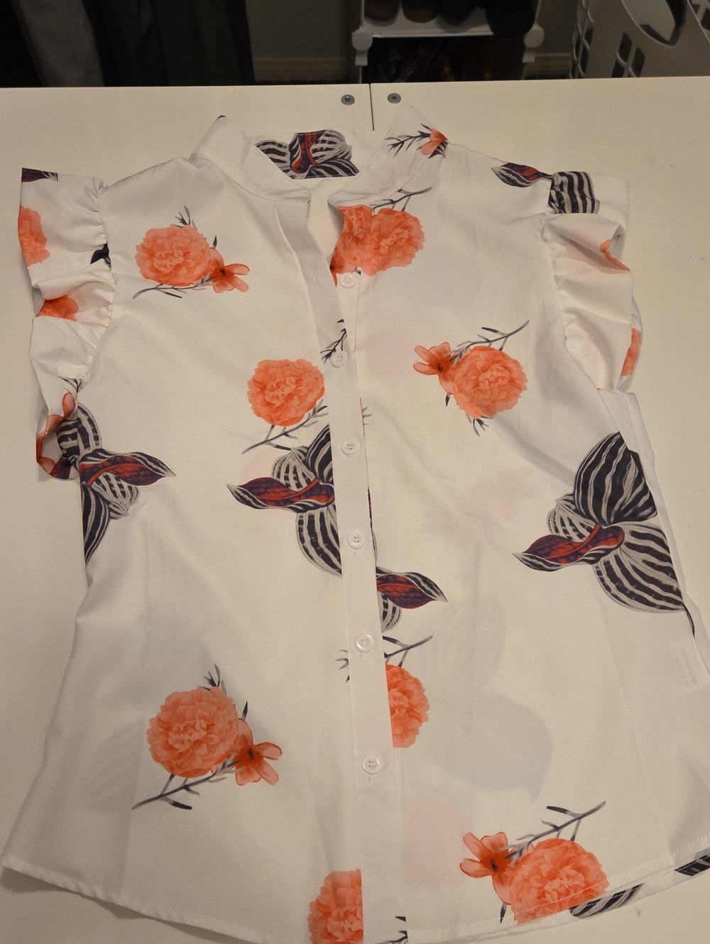 White Floral Button-Front Ruffle Sleeve Top
